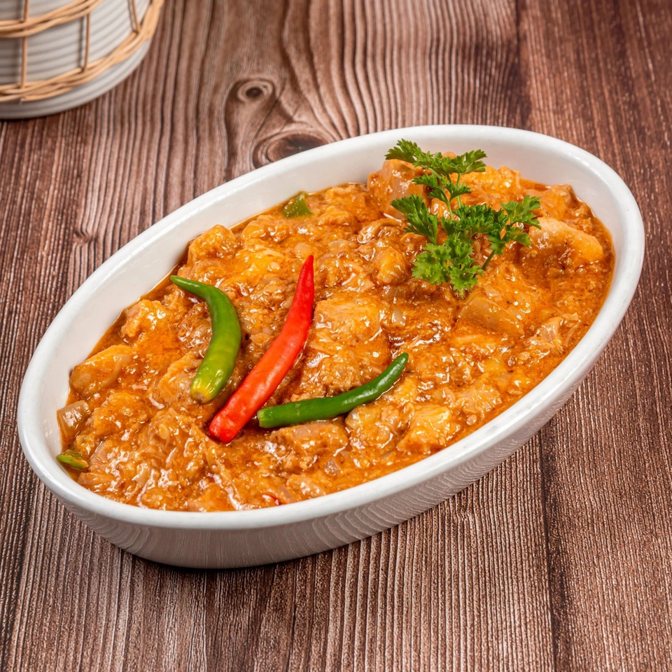 Filipino Bicol Express, a spicy pork dish in coconut milk, garnished with red and green chilies.