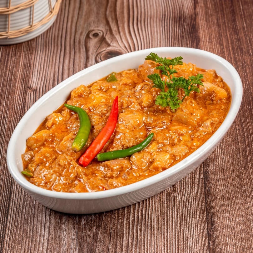 Filipino Bicol Express, a spicy pork dish in coconut milk, garnished with red and green chilies.